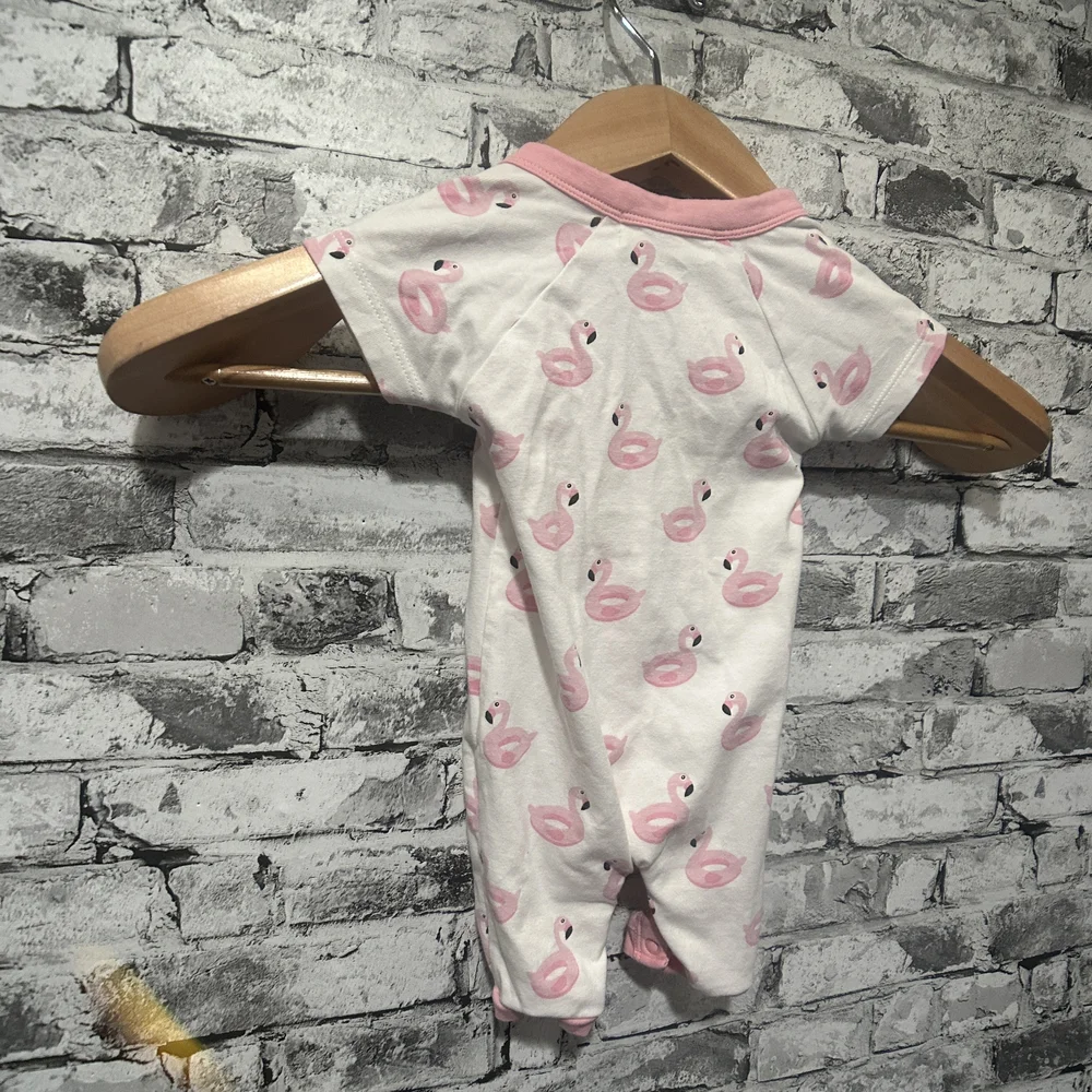 EUC Monica + Andy Pink and White Flamingo Baby Snap Up One Piece Size 0-3 Months